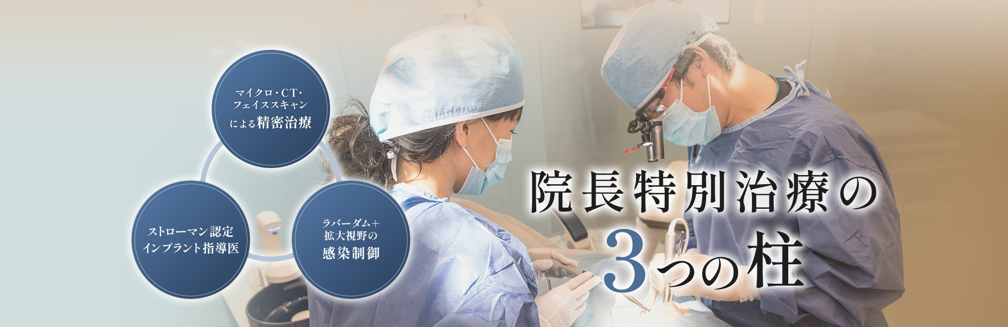 院長特別治療の3つの柱 マイクロ・CT・フェイススキャンによる精密治療 ストローマン認定インプラント指導医 ラバーダム＋拡大視野の感染制御